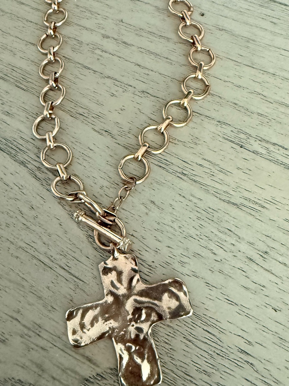 Boutique Gold Hammered Cross Toggle Necklace | Statement Chain | Boho Western
